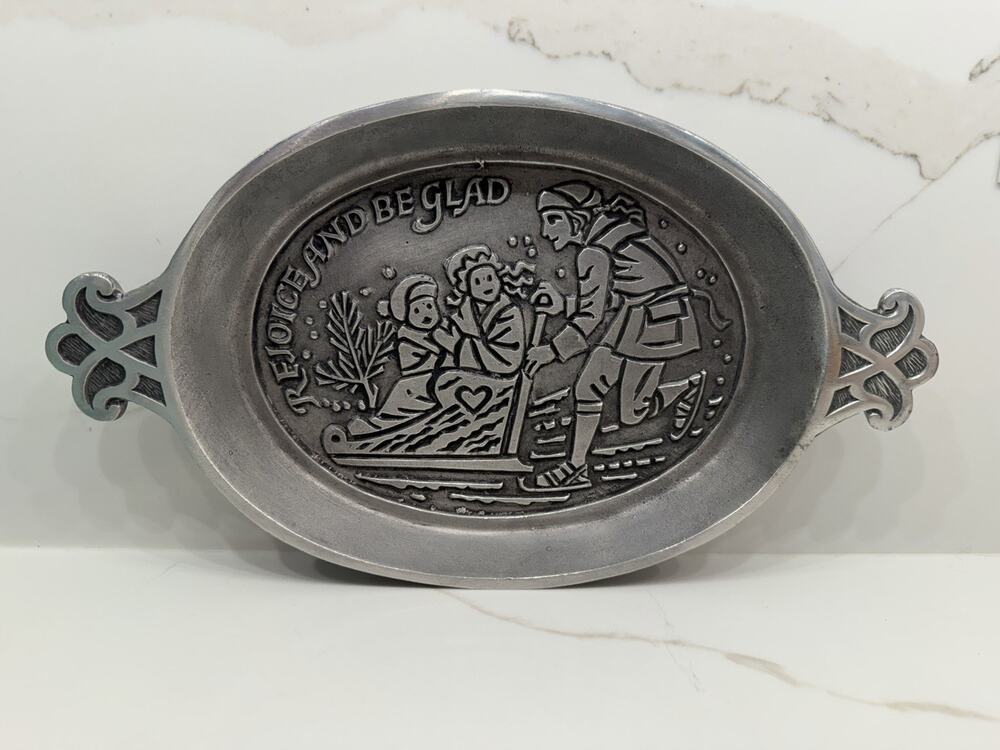 Vintage Phila House Israel Pewter Rejoice And Be Glad Serving Tray Sled Winter